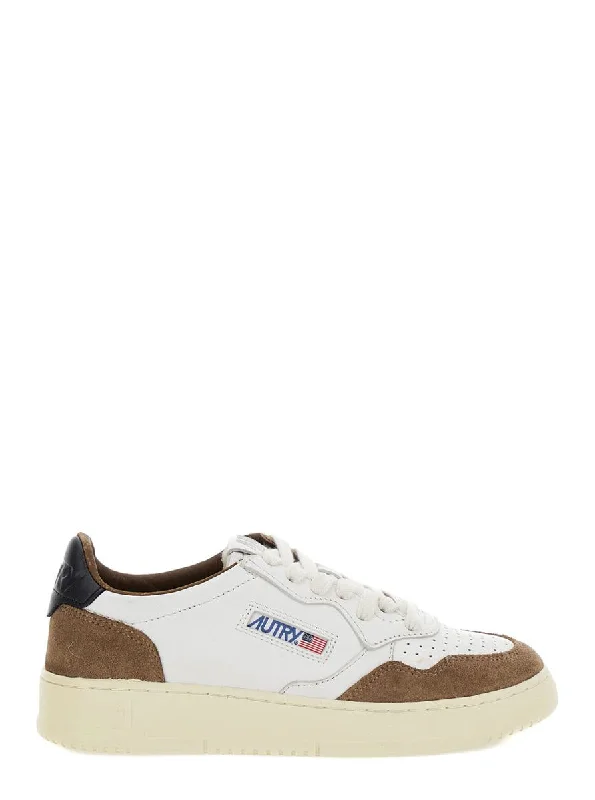 'Medalist' White And Brown Low Top Sneakers With Logo Detail In Leather And Suede Woman