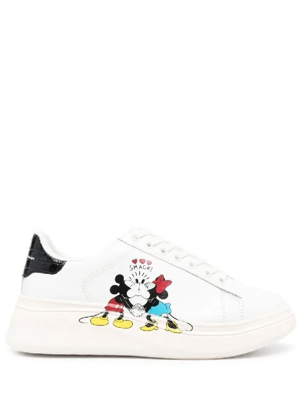 Moa Woman'S White Leather Sneakers With Mickey Mouse Kiss Print