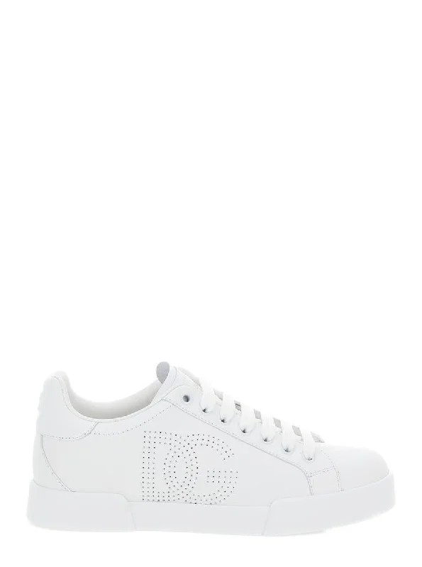 'Portofino' White Low Top Sneakers With Perforated Dg Logo In Leather Woman