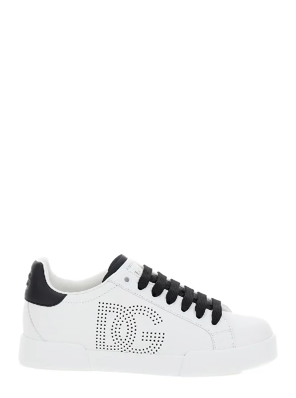 'Portofino' White Low Top Sneakers With Perforated Dg Logo In Leather Woman