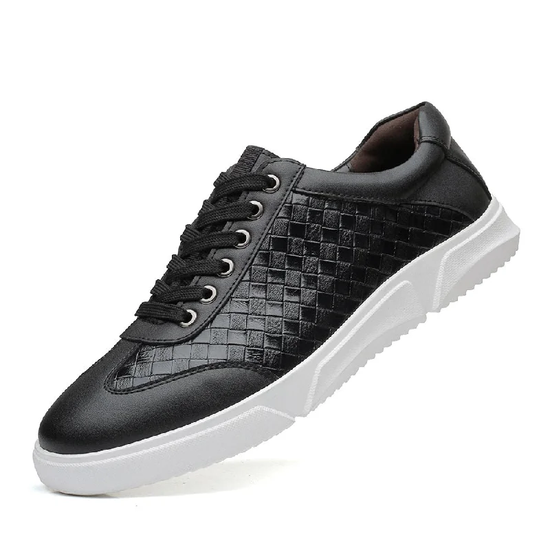 Woven Pattern Lace-Up Leather Sneakers