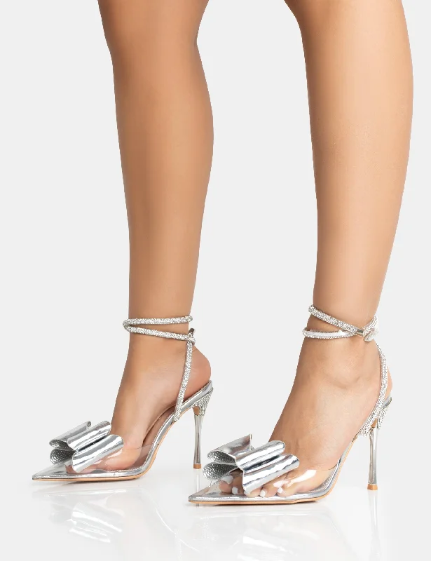 Angelic Silver Mirror Perspex Bow Wrap Around Court Stiletto Heel