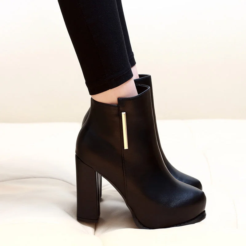 Black Zip Metal High Heels Platform Ankle Boots 3963