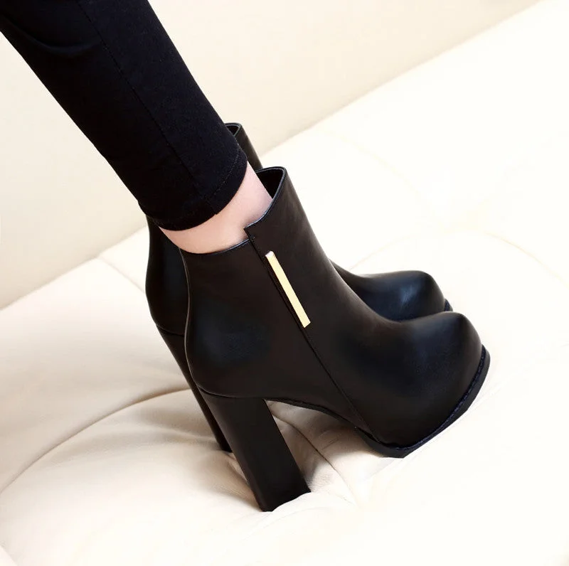 Black Zip Metal High Heels Platform Ankle Boots 3963