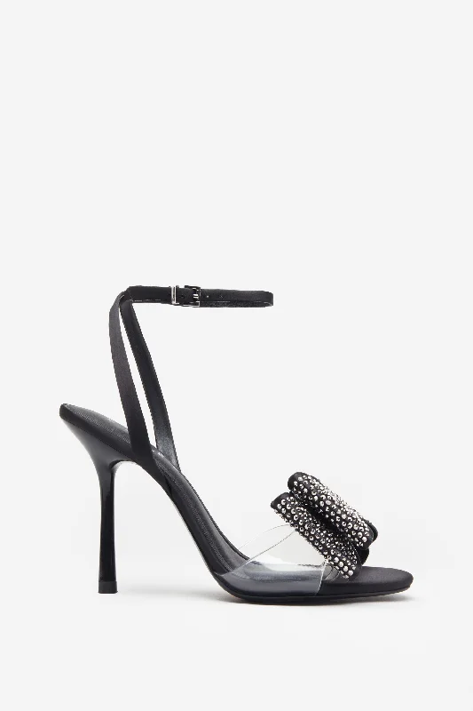 Bowing | Black Satin Heeled Sandals With Diamante Bows