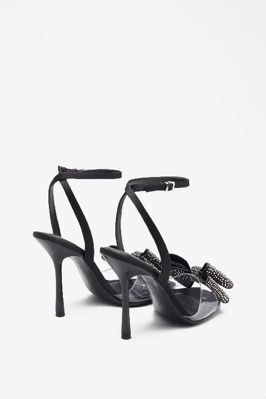 Bowing | Black Satin Heeled Sandals With Diamante Bows