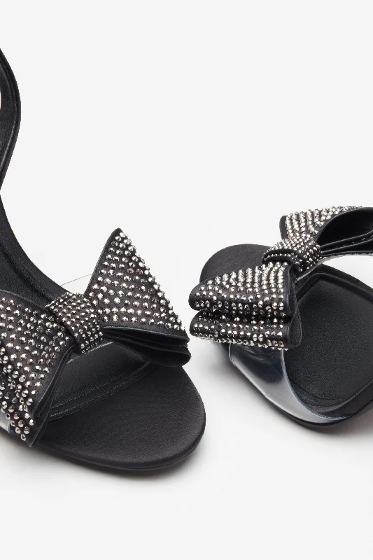 Bowing | Black Satin Heeled Sandals With Diamante Bows