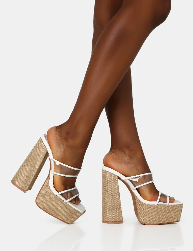 Carley White Perspex Mule Square Toe Platform Raffia Block Heels