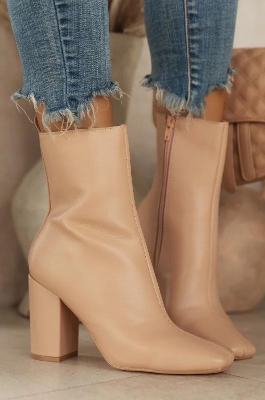 Full Moon Squared Toe Chunky Heel Ankle Booties - Nude