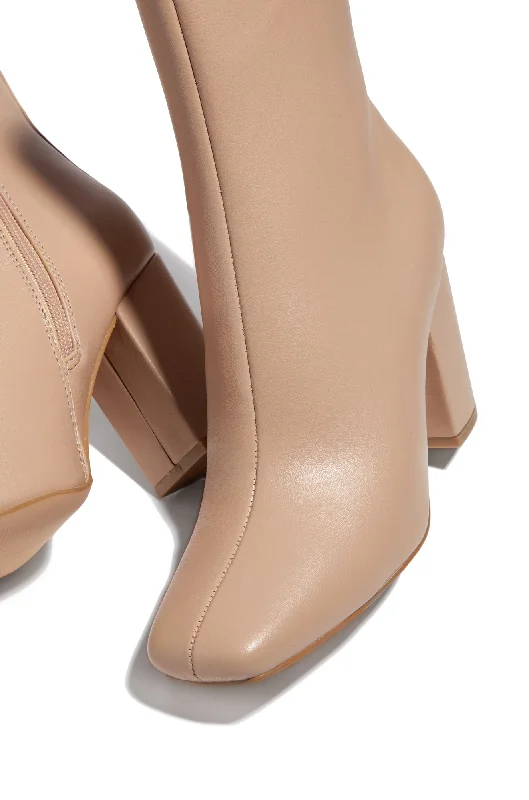 Full Moon Squared Toe Chunky Heel Ankle Booties - Nude