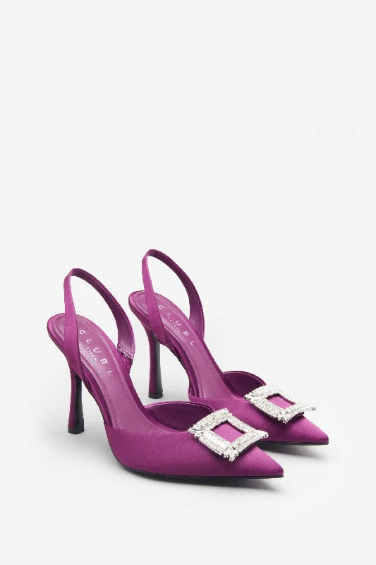 Just A Fling | Purple Satin Sling Back Heels With Diamante Brooches