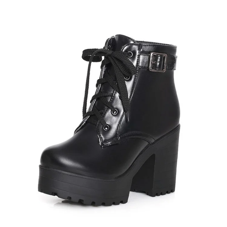 Lace Up Platform Chunky Heels Short Motorcycle Boots Plus Size Women Shoes 8489