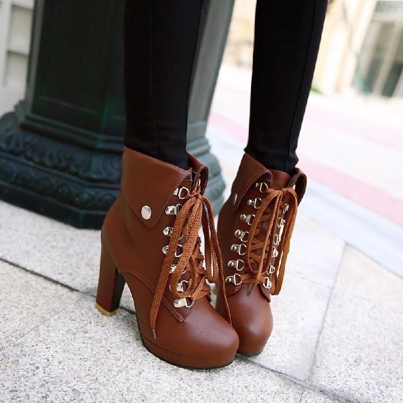 Lace Up Platform Short Motorcycle Boots Plus Size Women Shoes 9729