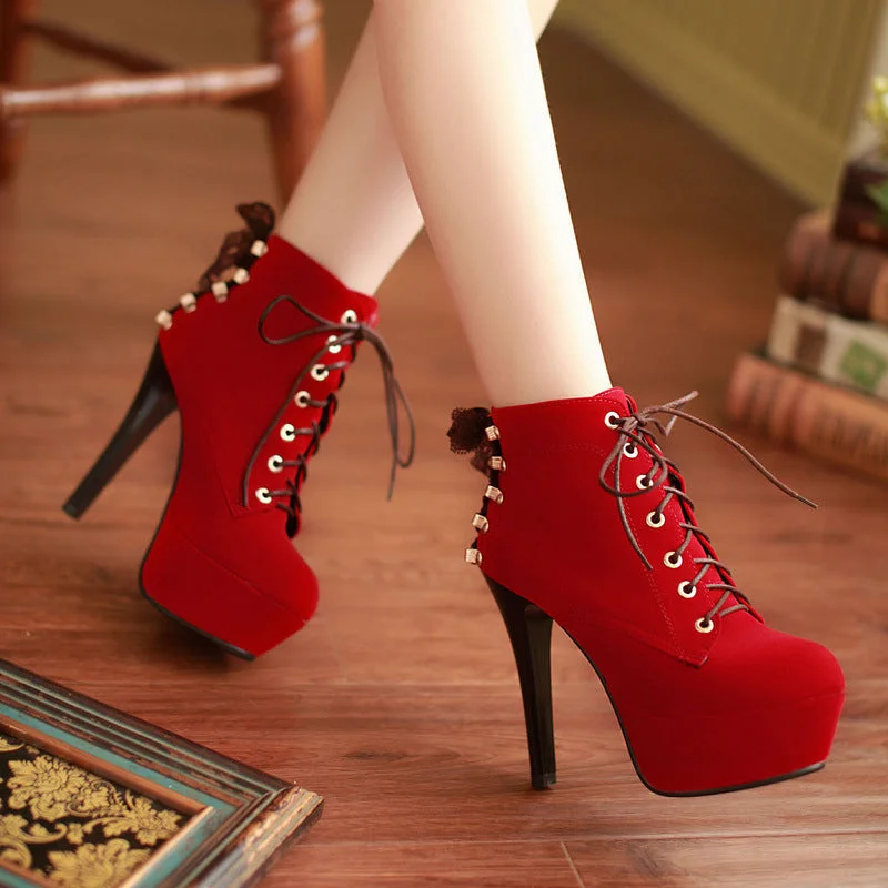 Lace Up Platform Stiletto Heel Short Boots Plus Size Women Shoes 2247