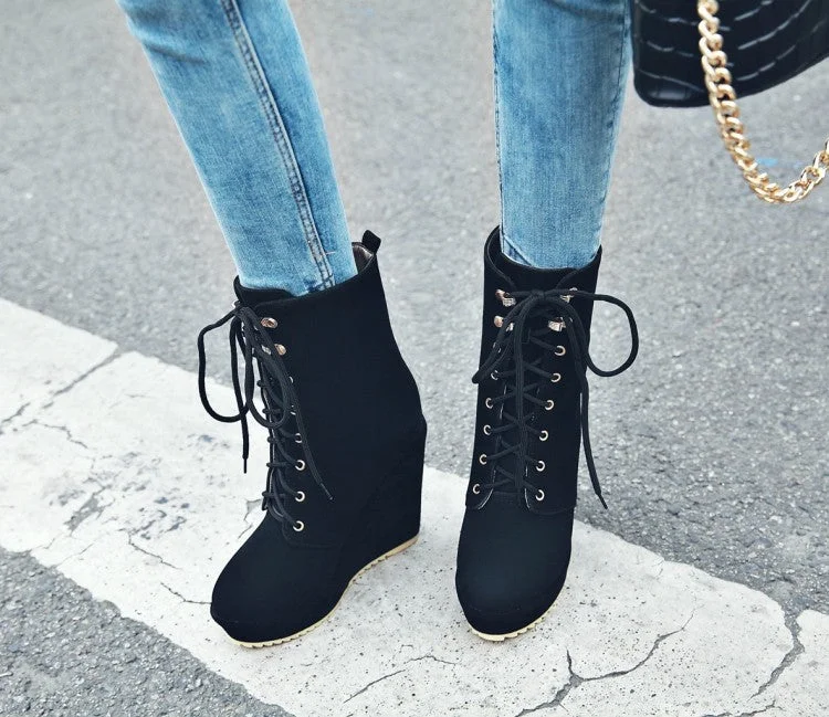 Lace Up Suede Wedge Short Boots Plus Size Women Shoes 4142