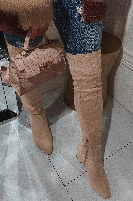 New Moon Over The Knee Block Heel Boots - Nude