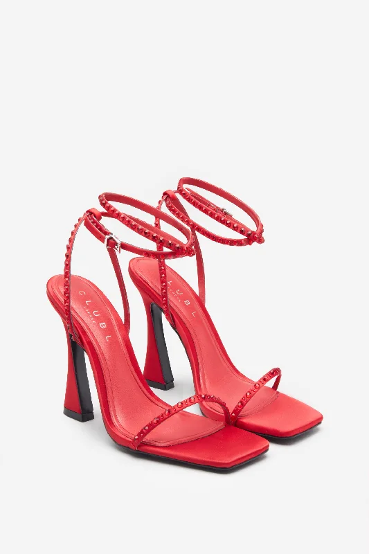 Nostalgia | Bright Red Satin Heeled Sandals With Diamante Straps