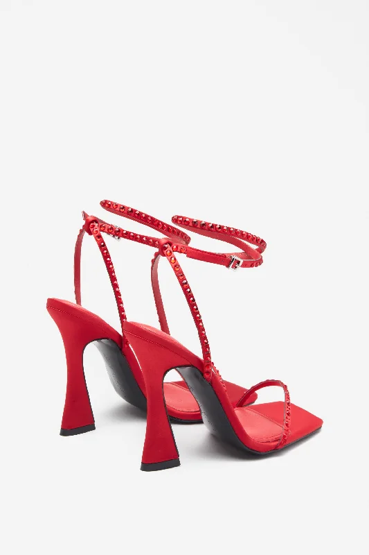 Nostalgia | Bright Red Satin Heeled Sandals With Diamante Straps