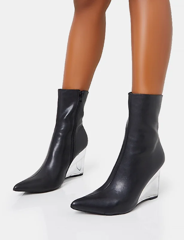 Ohio Black Pu Perspex Wedge Pointed Toe Ankle Boots