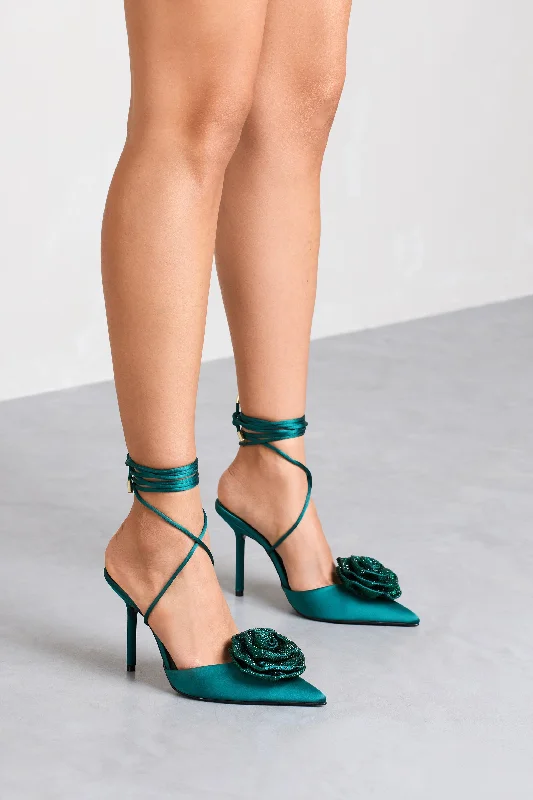 Sharpened | Green Lace-Up Stiletto Heels With Diamante Flowers