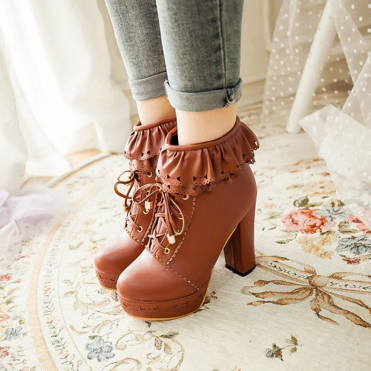 Sweet Chunky Heeled Lace Up Short Boots Plus Size Women Shoes 6573