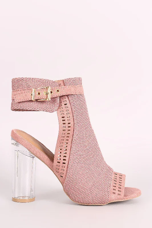 Qupid Perforated Suede Chunky Lucite Heeled Mule Booties