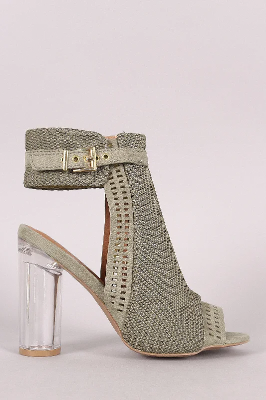 Qupid Perforated Suede Chunky Lucite Heeled Mule Booties