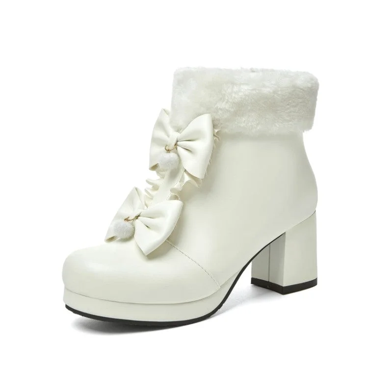 Women's Booties Lolita Round Toe Bows Block Chunky Heel Platform Ankle Boots