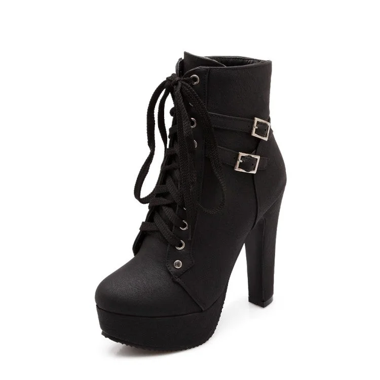 Ladies Frosted Pu Leather Tied Belts Buckles Chunky Heel Platform Short Boots