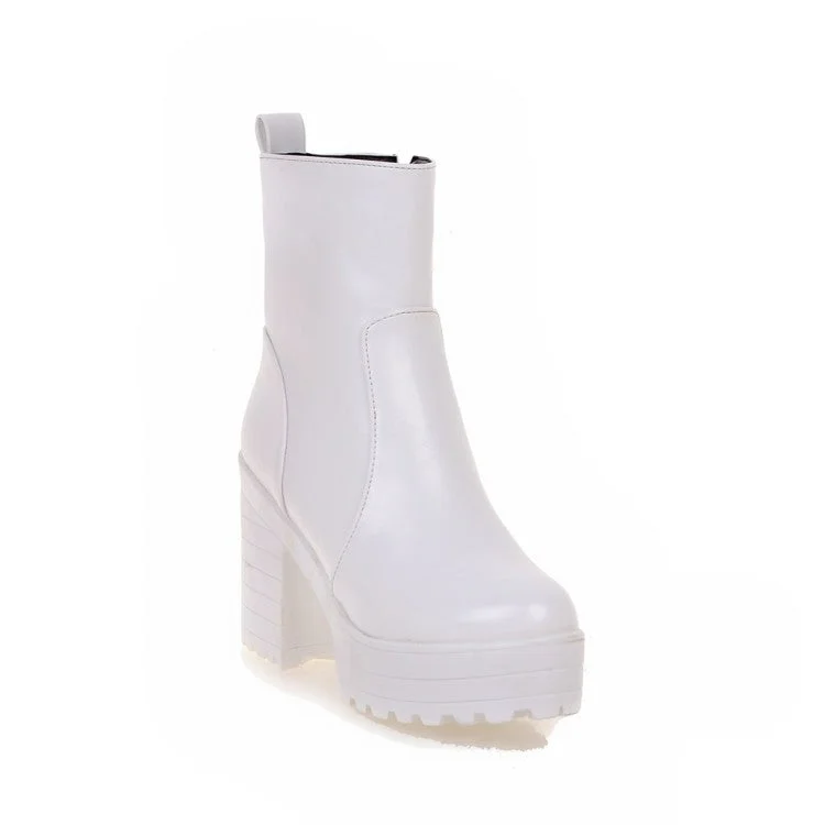 Women Pu Leather Round Toe Block Heel Platform Short Boots