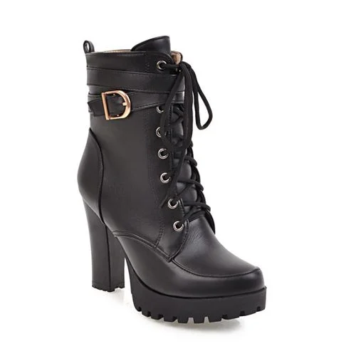 Women's Lace Up Buckle High Heels Platform Short Boots