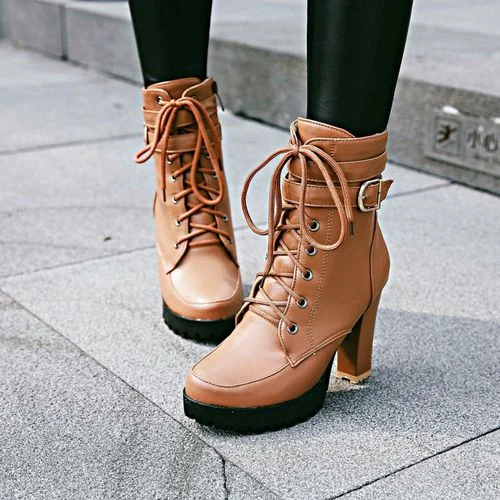 Women's Lace Up Buckle High Heels Platform Short Boots