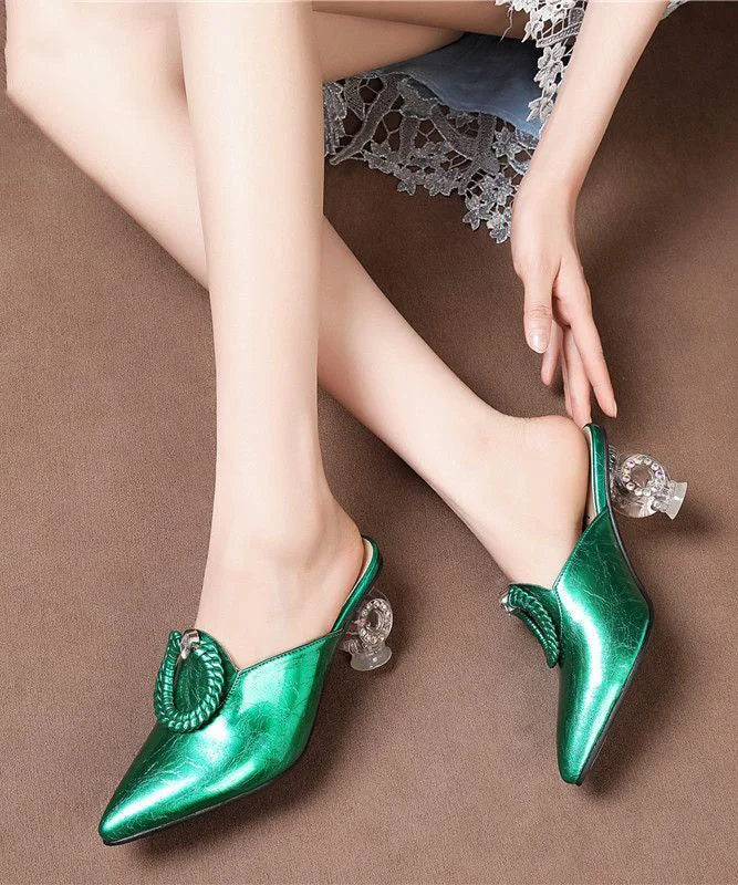 Beautiful Pointed Toe Chunky Clear Heels Green Cowhide Leather Slide Sandals