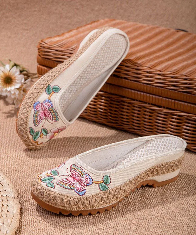 Beige Butterfly Embroidered Splicing Linen Fabric Slide Sandals Women