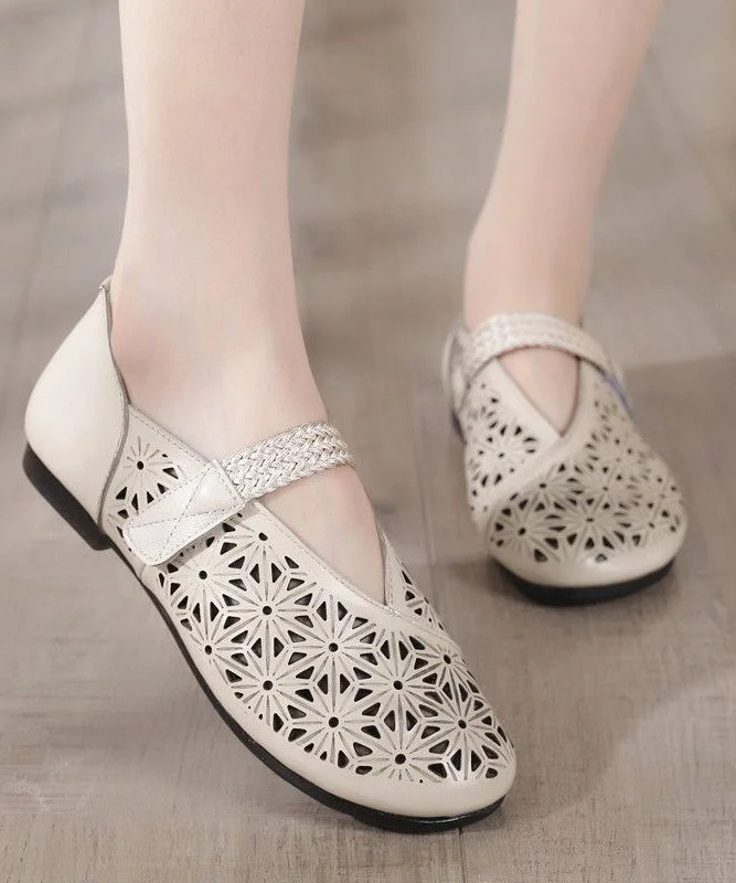 Beige Cowhide Leather Hollow Out Splicing Flat Feet Shoes