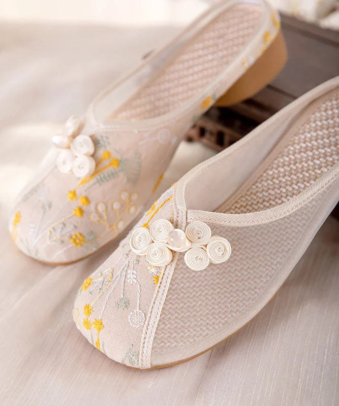 Beige Embroidered Slide Sandals Women Tulle Boho Splicing