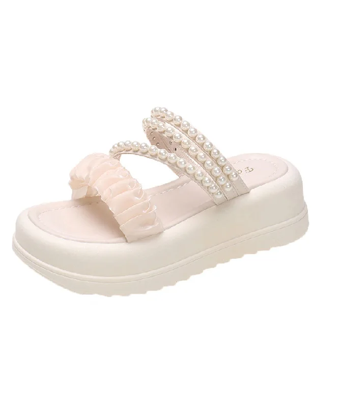 Beige Nail Bead Splicing Handmade Platform Slide Sandals