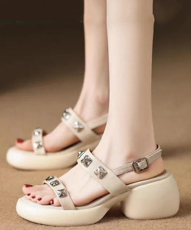 Beige Sandals Chunky Faux Leather DIY Splicing Rivet Buckle Strap