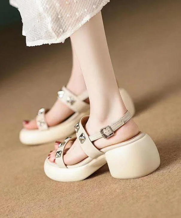 Beige Sandals Chunky Faux Leather DIY Splicing Rivet Buckle Strap