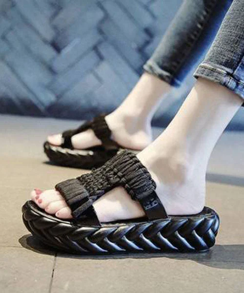 Black Handmade Splicing Platform Slide Sandals Peep Toe