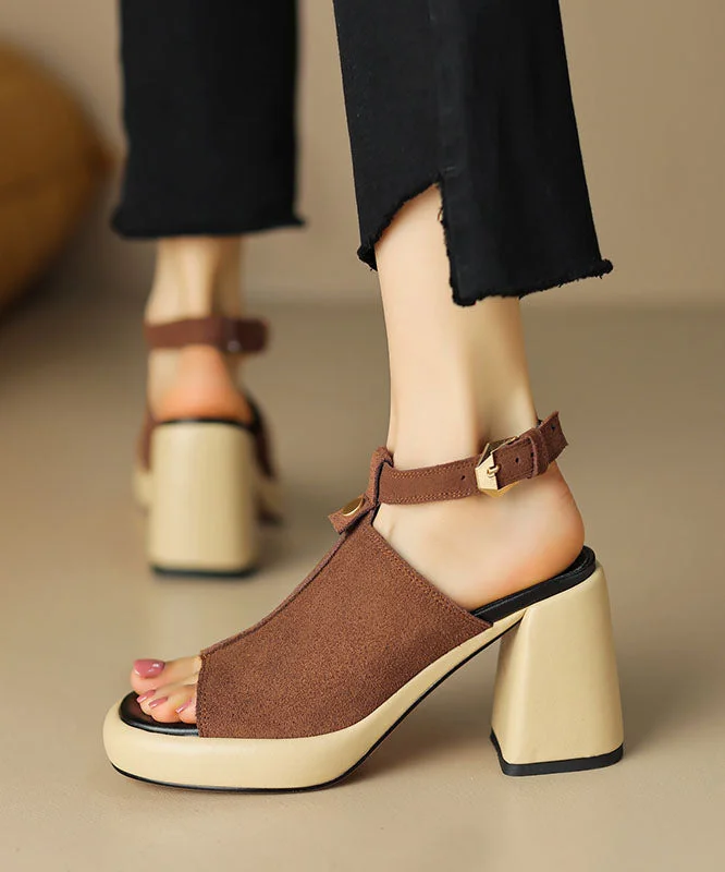 Black Peep Toe Buckle Strap Splicing Suede Chunky High Heels