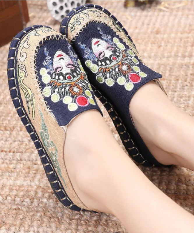 Blue Linen Fabric Unique Bei jing opera Embroidered Slide Sandals