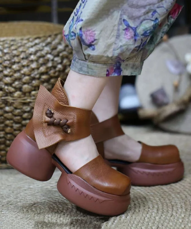 Boho Splicing Platform Sandals Brown Cowhide Leather Buckle Strap