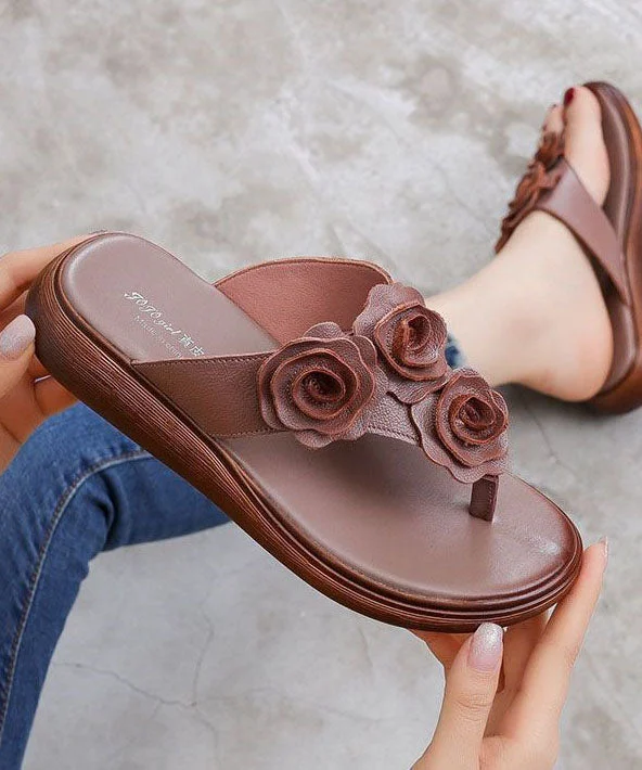 Brown Floral Splicing Vintage Faux Leather Wedge Flip Flops