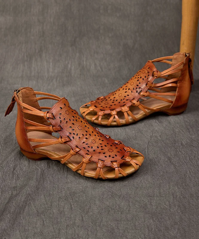 Brown Hollow Out Cowhide Leather 2024 Splicing Sandals