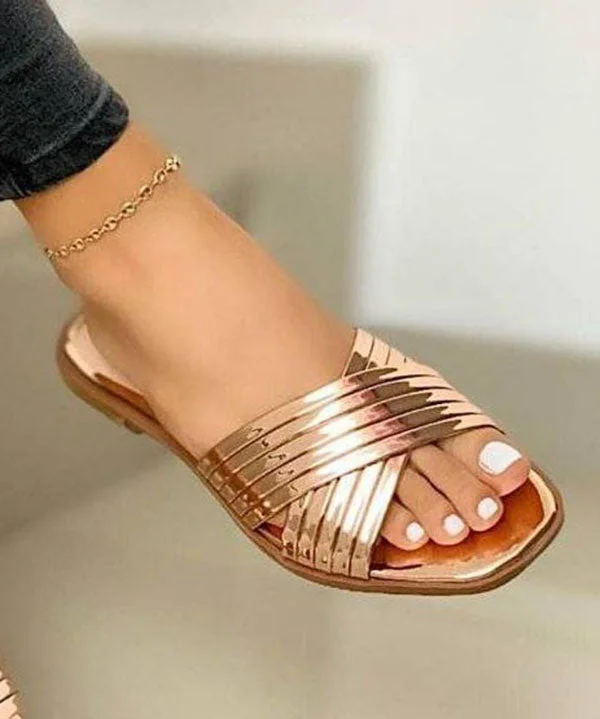 Chic Rose Gold Splicing Faux Leather Plus Size Slide Sandals