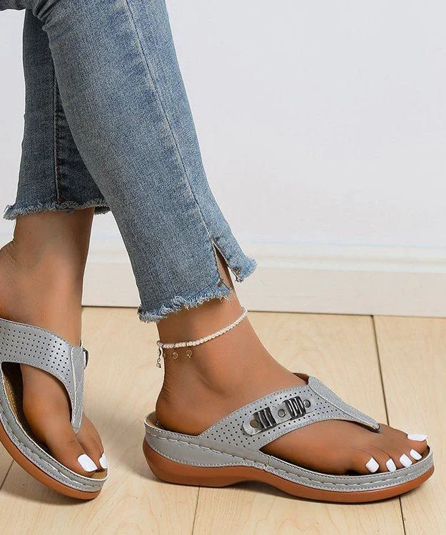 Comfy Grey Beach Flip Flops Faux Leather 2024 Splicing Rivet