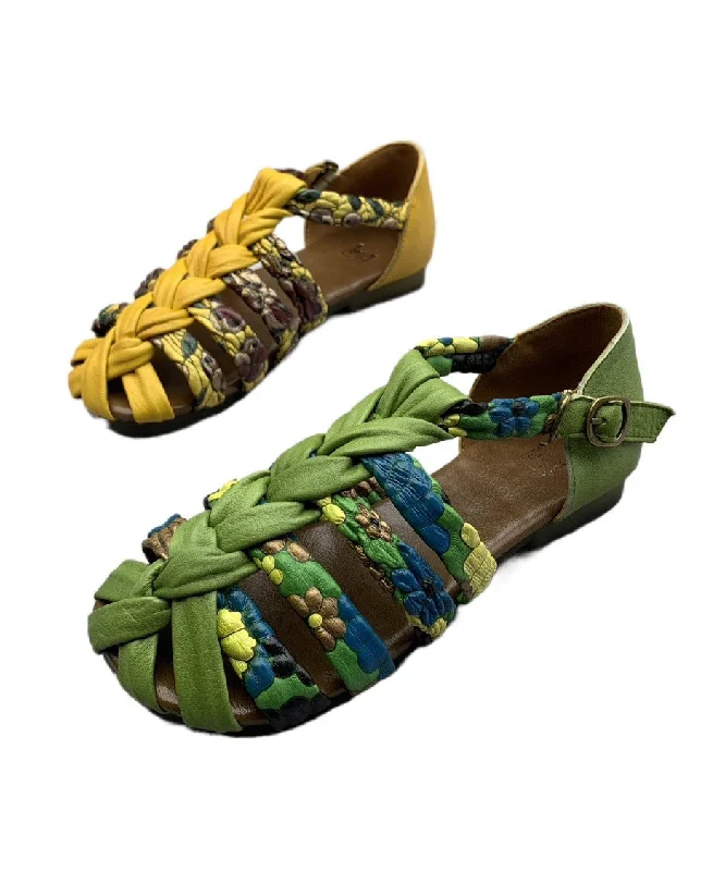 Cowhide Leather Handmade Hollow Out Splicing Green Walking Sandals