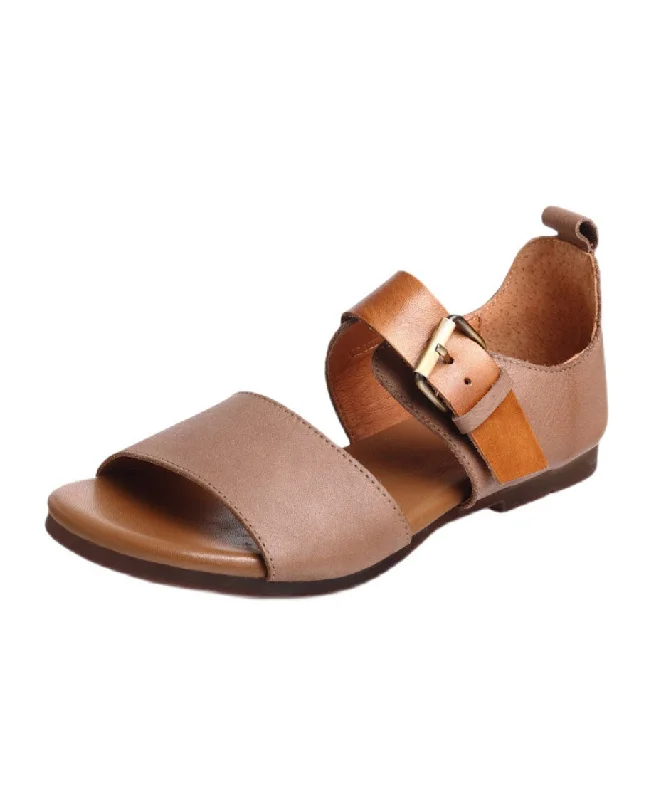 Fine Buckle Strap Splicing Peep Toe Flat Sandals Khaki Cowhide Leather