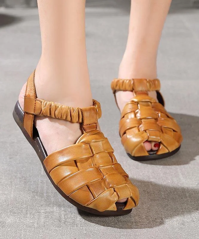 Fitted Flat Sandals Brown Cowhide Leather